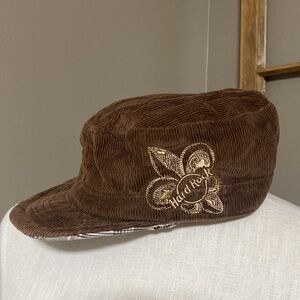 Hard Rock Cafe reversible newsboy hat brown corduroy, brown & white plaid